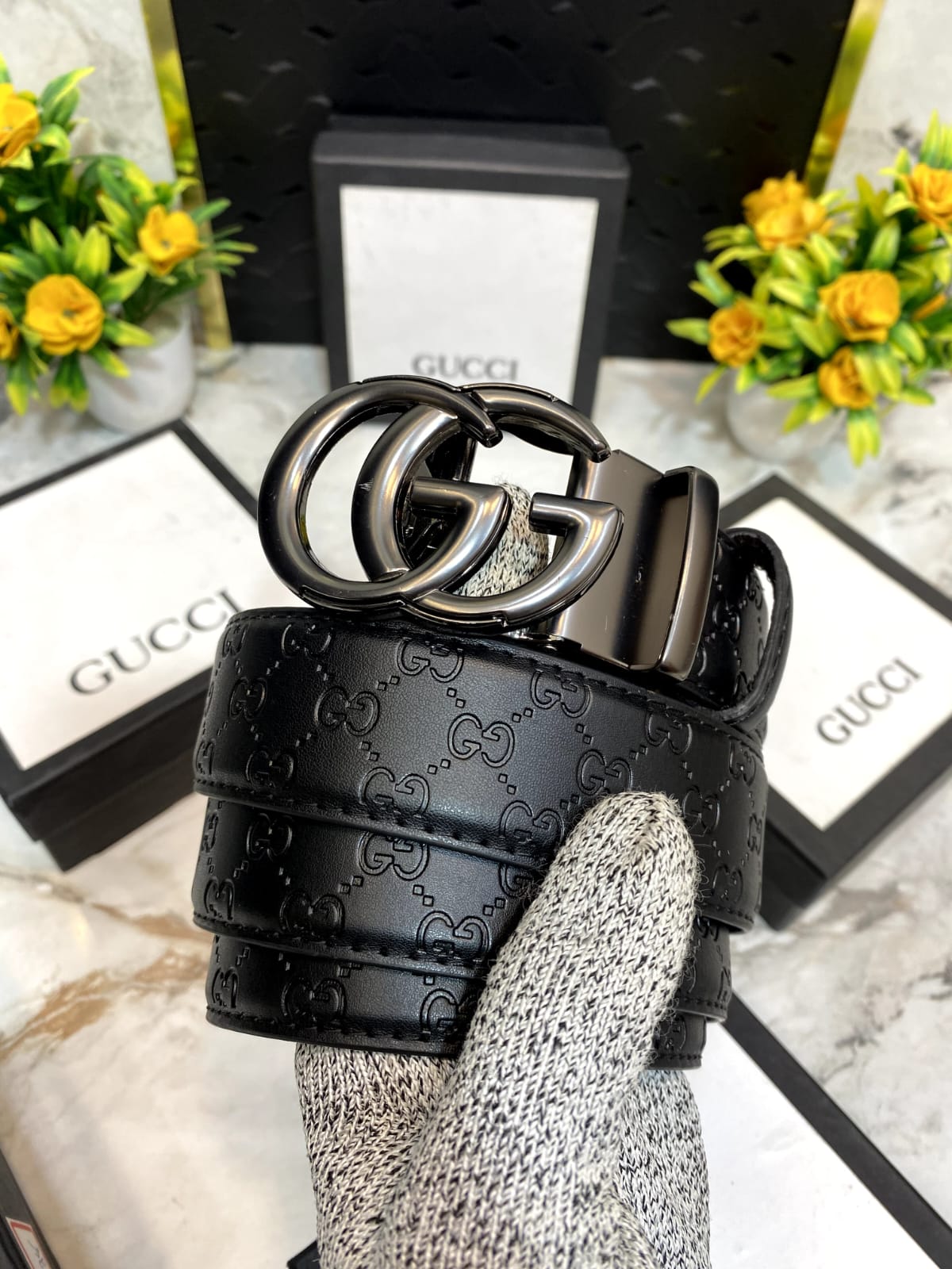 GUCCI GG Embossed Premium Auto Buckle Belt