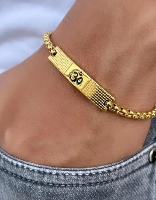 Om Loose Gold Bracelet For Men With Black Line Pattern (8 Inch)