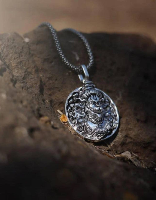 Silver Chain with Hanuman Pendant Rhodium, Black Silver Stainless Steel, Alloy Locket